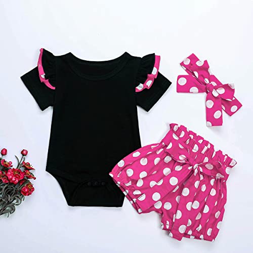 Ibtom Castle Half Birthday Outfit Baby Girl, Newborn Mouse Outfit Set Cute Ruffle Sleeve Romper Top & Polka Dot Shorts Bloomers & Headband 3Pcs Summer Boutique Clothes Hot Pink - Shorts 12-18 Months #TOP4