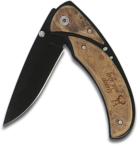 Personalized Pocket Knife With Wood Handle Laser Engraved with Buck Love You Deerly Design