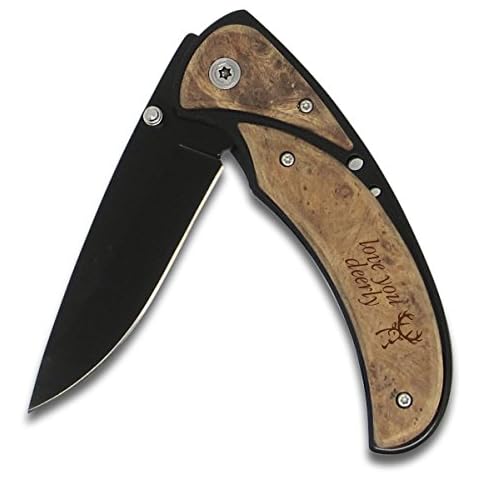 Personalized Pocket Knife With Wood Handle Laser Engraved with Buck Love You Deerly Design Cover