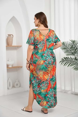 Image of Women's Plus Size Maxi Dresses V Neck Casual Short Sleeve Loose Pocket Slits Long Dress XL-5XL