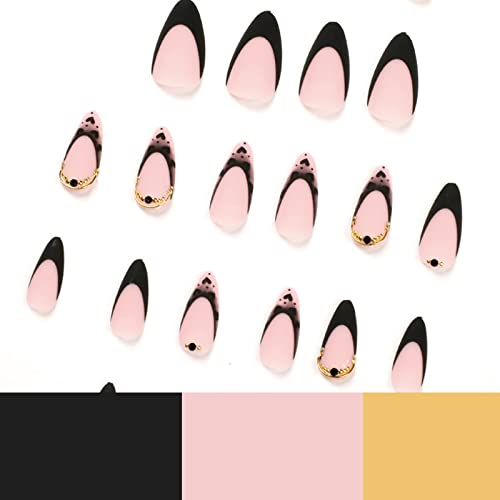24 Pcs Press On Nails Medium Black French Tips Fake Nails Almond Shaped Glue On Nails With Heart Designs Full Cover Acrylic False Nails Artificial Finger Manicure For Women Girls #TOP2