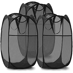 TECHMILLY Collapsible Mesh Pop Up Laundry Hamper with Sturdy Handles and Side Pocket - Portable Foldable Clothes Baskets for Dorm, Bathroom & Travel Storage (Black, 3 Packs)