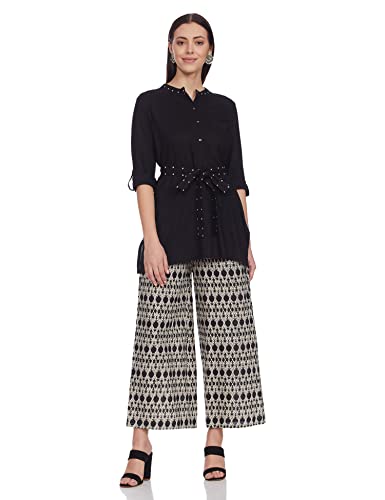 Image of Wishful By W womens Black Mandarin Collar Kurta-Printed Parallel Pants Set