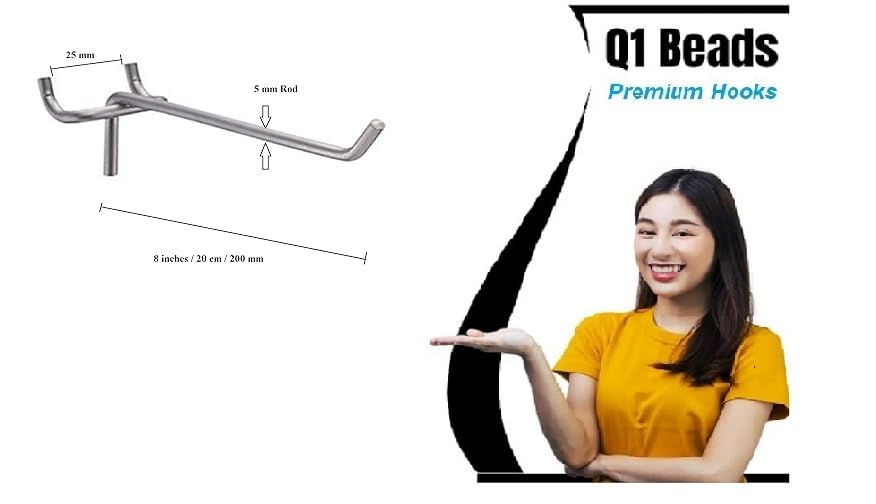 Image of Q1 Beads 12 Pack 8 inch Heavy Duty Pegboard Kit Peg Hooks for 1 inch Spaced Pegboards, Utility Hooks for Wall Organizing in Home or Garage (Chrome, 8 inch, 12 Pcs)