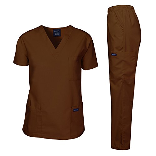Dagacci Scrubs Medical Uniform Unisex Scrubs Set Medical Scrubs Top and Pants (Large, Brown)