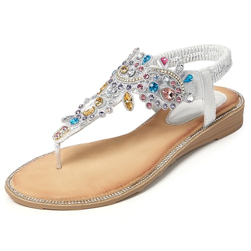 Image of iCKER Women Flat Thong Sandals Rhinestone Sparkly Boho Elastic Ankle Strap | Non‑slip,Matches Summer Dresses,for Vacation,Wedding,Evening and Festival