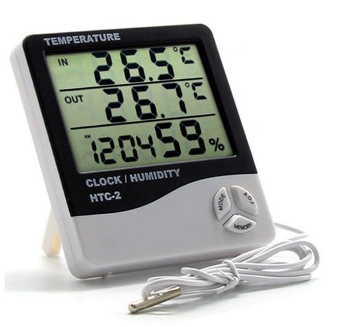 Dr Yonimed HTC-2 Digital Hygrometer with Accurate Temperature Indicator Digital Room Thermometer Humidity Meter With Sensor Cable LCD Digital Clock Monitor for Indoor & Outdoor (White)
