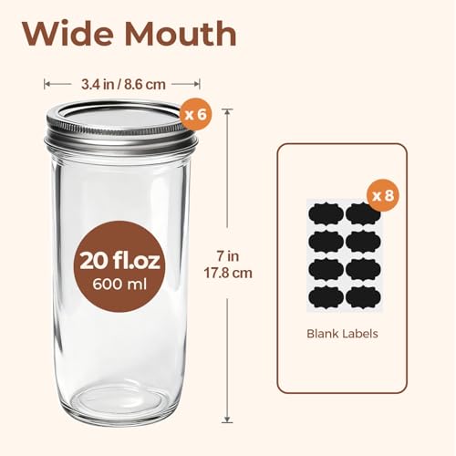 Image of ComSaf 20 oz Mason Jars Wide Mouth 6 Pcs, Large Canning Jars with Seal Bands, 20 oz Glass jar with Lid for Jam, Sauce, Juice, Coffee, Pickling, Fruit, Dessert, Kitchen Storage, Vanilla Extract