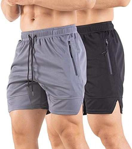 VPOS Men's 5" Gym Workout Shorts with Zipper Pockets,Dry Fit Mens Mesh Athletic Shorts for Running Bodybuilding and Training Black/Gray,X-Large
