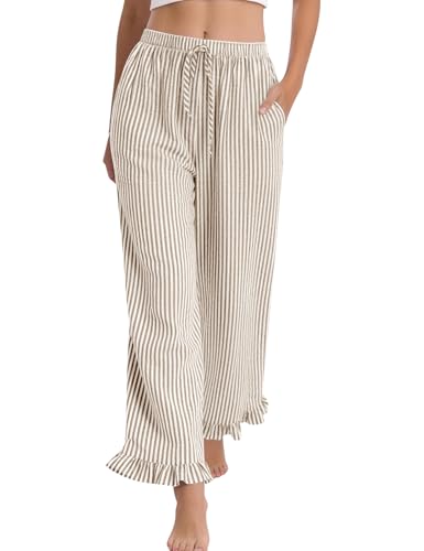 COZYPOIN Women's Striped Wide Leg Pants Drawstring Elastic Waist Cotton Pajama Pants Fashion Ruffle Hem Lounge Pj Bottoms Khaki M