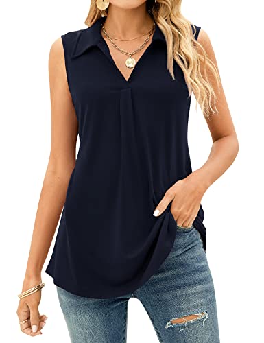 Akewei Sleeveless Collared Shirts For Women - Golf Shirts Sleeveless Tops Polo Tennis Shirts Dark Navy Blue S #TOP25