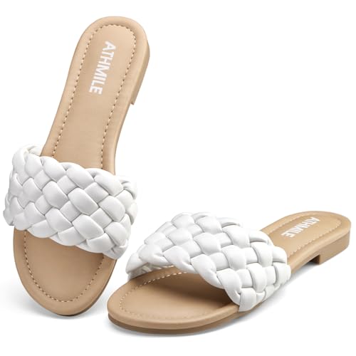 ATHMILE Braided Womens Sandals Round Open Toe Fashion Slide Sandals Women Dressy Summer Flat Beach Size 6-11