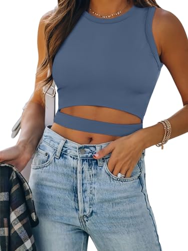 Image of ANRABESS Women Tank Tops High Neck Sleeveless Sexy Cutout Racer Back Going Out Crop Tops Shirts Summer Y2K Outfits