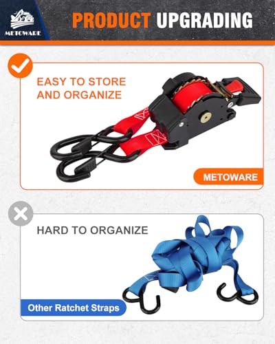 Image of METOWARE Retractable Ratchet Straps (4-Pack) - 1 in x 10 Ft (1500lb Break Strength) - Heavy Duty Auto Self Retracting Tie Down Straps for Truck, Trailer, Cargo Van, Motorcycle - Red