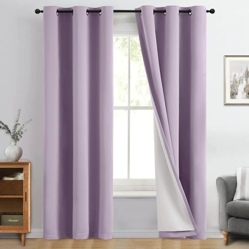 Image of Yakamok Lilac 100% Blackout Curtains 84 Inches Long for Bedroom 40 inch Wide | Blackout Curtain Panels for Bedroom, 2 Thick Layers Grommet Top Thermal Insulated Drapes with White Back for Living Room
