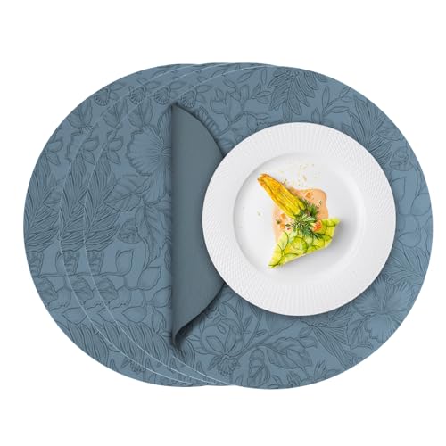 ToVioc Manteles Individuales Lavables Redondos Cuero, Salvamanteles Individuales para Mesa, Cocina, Restaurante & Oficina, Mantel Individual con Diseño de Flores (34 cm Ø, Set de 4) - Azul Cielo