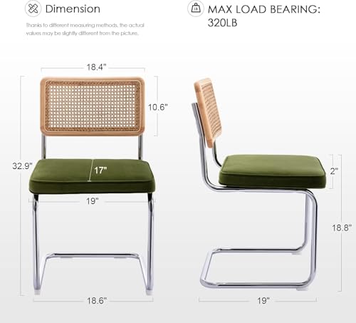 Image of Zesthouse Natural Rattan Dining Chairs Set of 6, Olive Green Modern Kitchen Chairs with Solid Wood Back & Chrome Base, Mid Century Breuer Design Inspired, Upholstered Luxurious Velvet Fabric