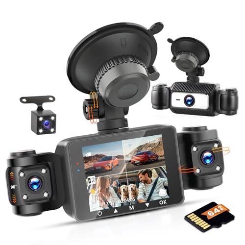 Hikity 3.0" DVR 1080P WiFi Dashcam Four Dashcam Voiture APP Control Avec Carte TF 64G Grand Angle De 360°G-Capteur 24H Mode Parking Enregistrement En Boucle Caméra De Voiture Avec Vision Nocturne