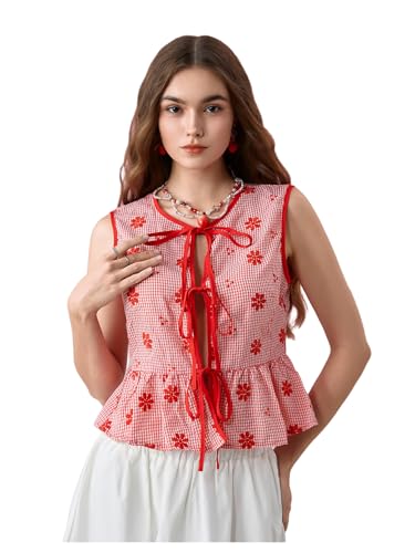 GORGLITTER Women's Gingham Peplum Tops Boho Babydoll...