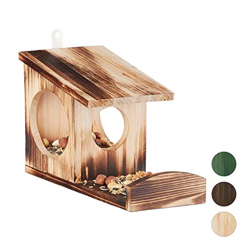 Relaxdays Squirrel Feeder House, Feeding Station Box, Hanging, Wooden, HWD: 17.5 x 14 x 25 cm, Flamed, Brown, Pack of 1