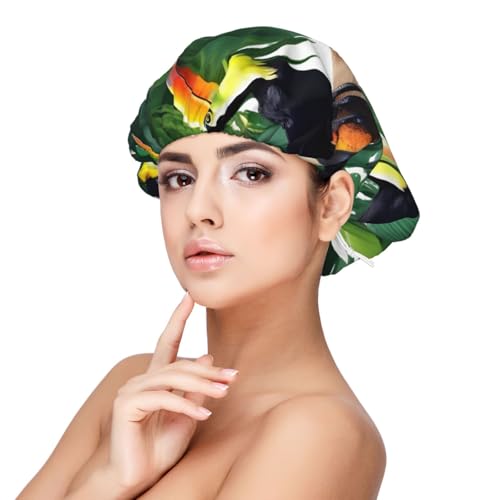 Tucanes - Gorro de dormir de satén para adultos, diseño de hojas de palmera y loro, gorro elástico para dormir, ajustable, para peinados, negro, talla única, negro, talla única