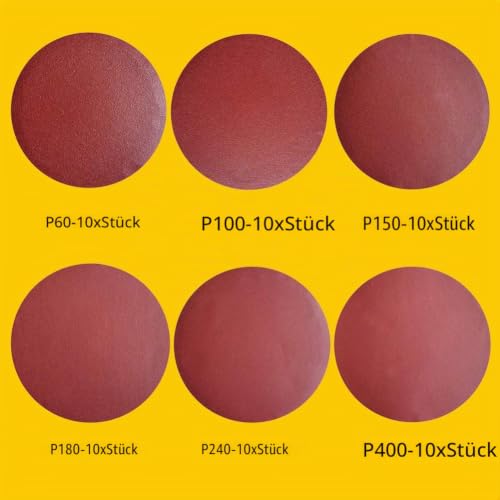 125 mm 60 Stück Selbstklebende Schleifscheiben Set, PSA Aluminiumoxid Schleifpapier (10 x 60, 100, 150, 180, 240, 400)