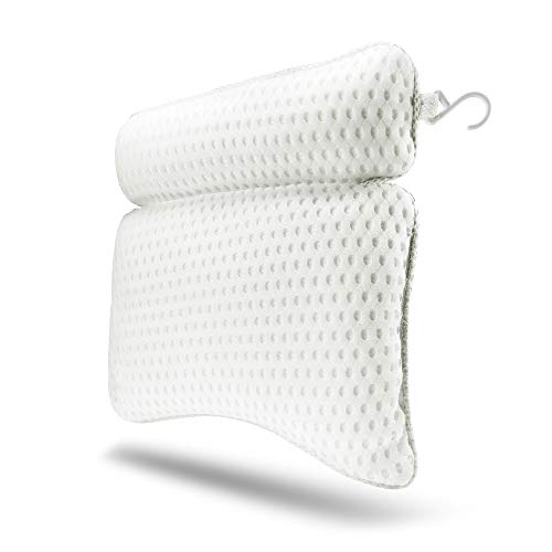 TOPEIUS Spa Bathtub Pillow QuiltedAir Bath Pillow - Quick-Drying Mesh Fabric with Large Suction Cups, Hanging Hook (White)