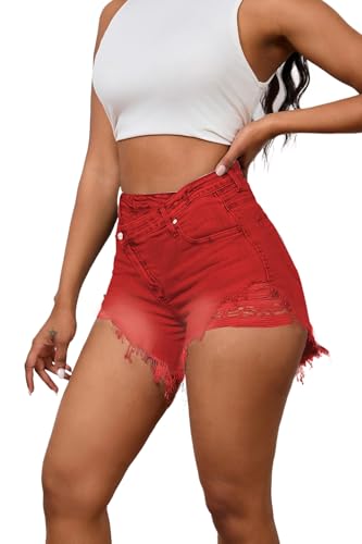 Image of PINSV Women's High Waisted Crossover Jean Shorts Ripped Hem Raw Denim Shorts