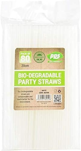 80 x White Biodegradable Compostable Drinking Party Straws BPA Free Plant Based Eco 8" (20cm) approx