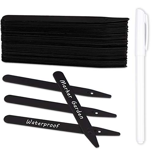Whaline 100Stk Schwarze Dicke Pflanzenschilder Plastik Pflanzenstecker mit Loch Wetterfest Wiederverwendbar Stecketiketten mit 1 Marker Stift und 1 Rolle Garn für Blumen Samen Gemüse (15 cm)