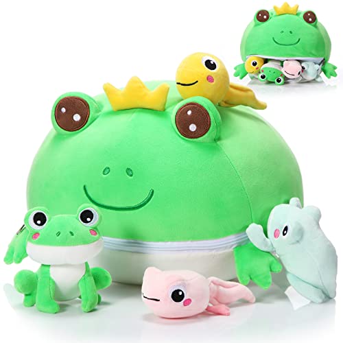 Pangda Frog Plush Frog Stuffed Animal for Kids 14 Inches Frog Toy Pillow with 4 Plush Frog Babies Toy Gift for Kid, Boys Girls Birthday Favor Christmas Decor