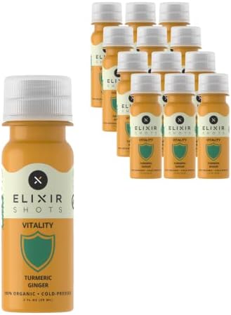 Elixir Shots Vitality (12 Pack) Immunity Wellness Shot with 100% Organic Ingredients Cold-Pressed Red Hawaiian Turmeric, Peruvian Ginger, Apple and Black Pepper - No Added Sugars or Artificial Ingredients