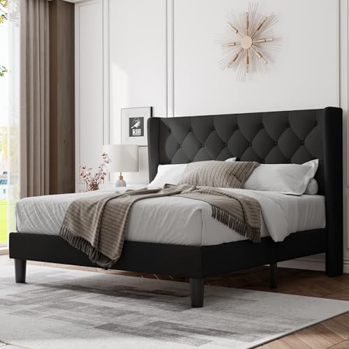 Image of Feonase Full Size Bed Frame with Upholstered Wingback Headboard,Button Tufted Platform Bed and Heavy Duty Wooden Slats Support,Easy Assembly, Noise-Free,No Box Spring Needed, Black