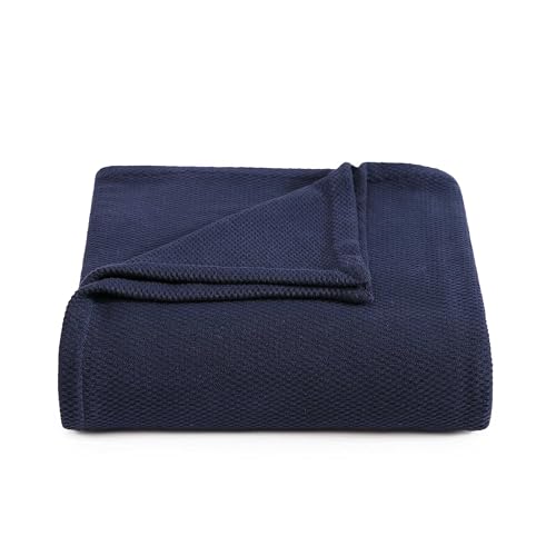 Image of Tommy Hilfiger - Queen Cotton Blanket, Textured Pique Weave Bedding, Medium Weight Soft Blanket, Anti-Pilling & Fade Resistant, Ideal for Layering, Oeko-TEX Certified (Navy)