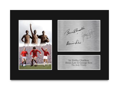 Image of HWC Trading Denis Law, George Best & Bobby Charlton Gift Signed A4 Printed Autograph Gifts Photo Display