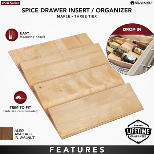 Image of Rev-A-Shelf 3-Tier Wood Trim-to-Custom-Fit Spice Rack Drawer Insert, 16 inch x 19.75 inch, Maple - Drop-In Seasoning Jars Storage Tray Organizer for Kitchen Cabinet and Pantry Organization, 4SDI-18