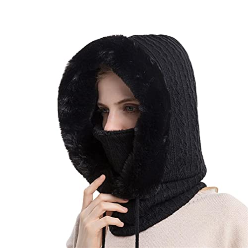 LZYLZF Chapeau de Fourrure d'hiver Ensemble de Masques à Capuche pour Les Femmes 3in1 tricoté Polaire doublé Cou Chaud en Plein air Ski Coupe-Vent Chapeau...