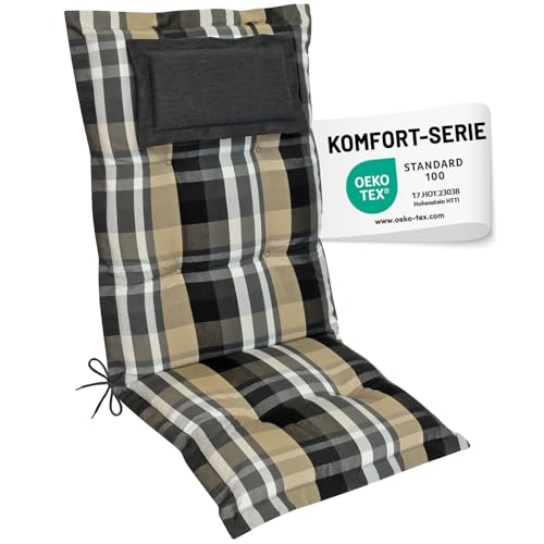 Herlag Hochlehner-Gartenstuhlauflage AVA 123x50x9cm | Extra Dicke Sitzauflage 9 cm mit Kopfpolster | Polsterauflage mit Deluxe-Komfort | Öko Tex 100 | 1 Polster | Beige Kariert