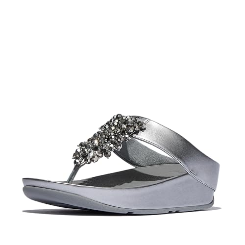 FitFlop Rumba Iridescent Beaded Toe-Post Sandals, Color: Silvereen, Size: 9