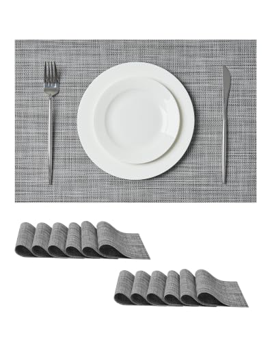 Leetaltree Linen Grey Placemats Set of 12 - Heat Resistant Non-Slip Place mats for Dining Table, Washable Durable PVC Vinyl Woven Table Mats（Linen Grey, 12）