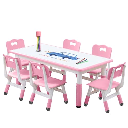 Kids Table and Chairs Set, Height Adjustable Desk With 6 Seats for Ages 3-12,Arts & Crafts Table,Graffiti Desktop, Non-Slip Legs, Max 300lbs, Children Multi-Activity Table for Classrooms,Daycares,Home
