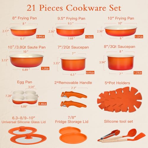 Image of GIPP 21PCS Pots and Pans Set Non Stick, Kitchen Cookware Set Detachable Handle, Orange Gradient Pot and Pan Set, Non Toxic Cooking Pan Set with Frying Pans Set, RV Cookware Sets for All Stoves
