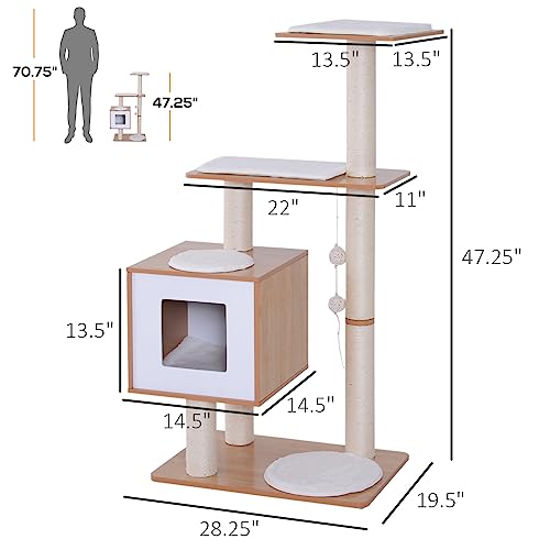 Pawhut 47” Modern Cat Tree Multi-Level Scratching Post With Cube Cave Enclosure - Oak Wood And White #TOP2