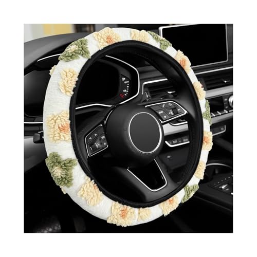 Sbulhia Plush Flowers Steering Wheel Cover, 15 inch Anti-Slip Breathable Steering Wheel Protector Cute Floral Decor, Elastic Soft Wheel Cover Universal Fit for Most Vehicles (Beige)