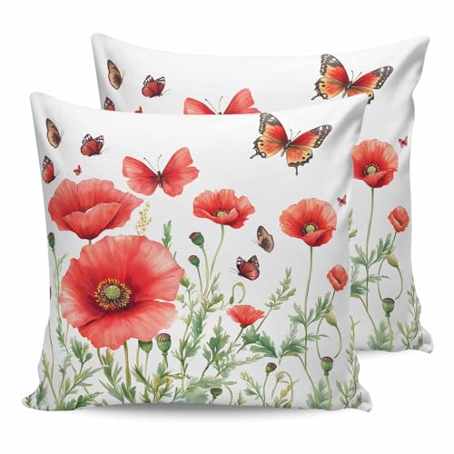 Spring Red Flower Green Leaf Butterfly 2PCS Throw Pillow Covers