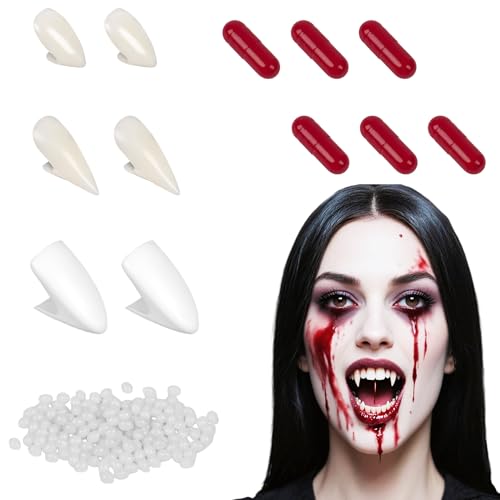 Vampir Zähne Set - 3 Größen Vampirzähne & 6 Blutkapseln mit Kunstblutpuder & Zahnkleber,Zähne Vampir Fangs Kinder Erwachsene Kunstblut...