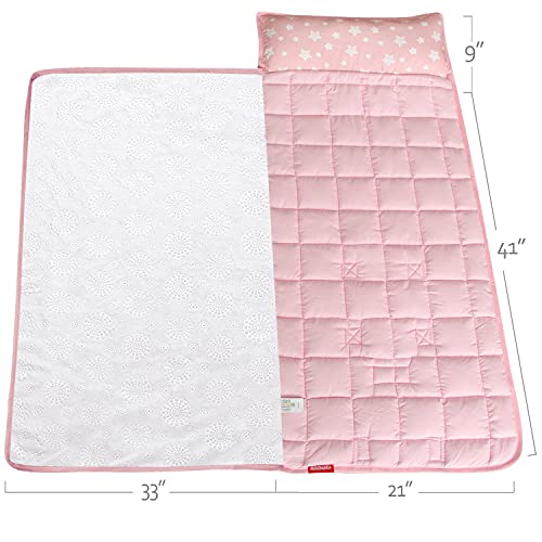 image for Moonsea Toddler Nap Mat Pink, Removable Pillow and Fleece Minky Blanke