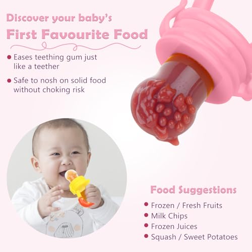 WAJIAYON Baby Fruit Feeder/Food Feeder Pacifier (3 Pack)- Infant Teething Feeders | Silicone Teether Feeder Babies | Baby Feeding Essentials | Food Pacifier for Babies - Pink