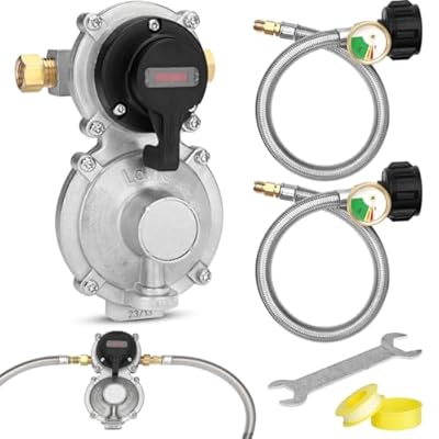 Aekops RV Propane Regulator 2 Tank Hoses for RV Trailer, 2 Stage Camper Propane Regulator Dual Kit with 2pcs 18" RV Propane Hose, Dual Propane Tank Connection Kit for RVs, Vans, Camper, 210,000 BTU