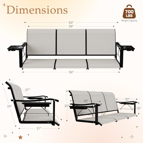 Image of HOMREST Textilene 3 Seat Porch Swing with Cup Holder, 5.3FT Patio Hanging Swing Bench, 700lbs Capacity Outdoor Porch Swing with Hanging Chains for Deck Garden Backyard (Beige)